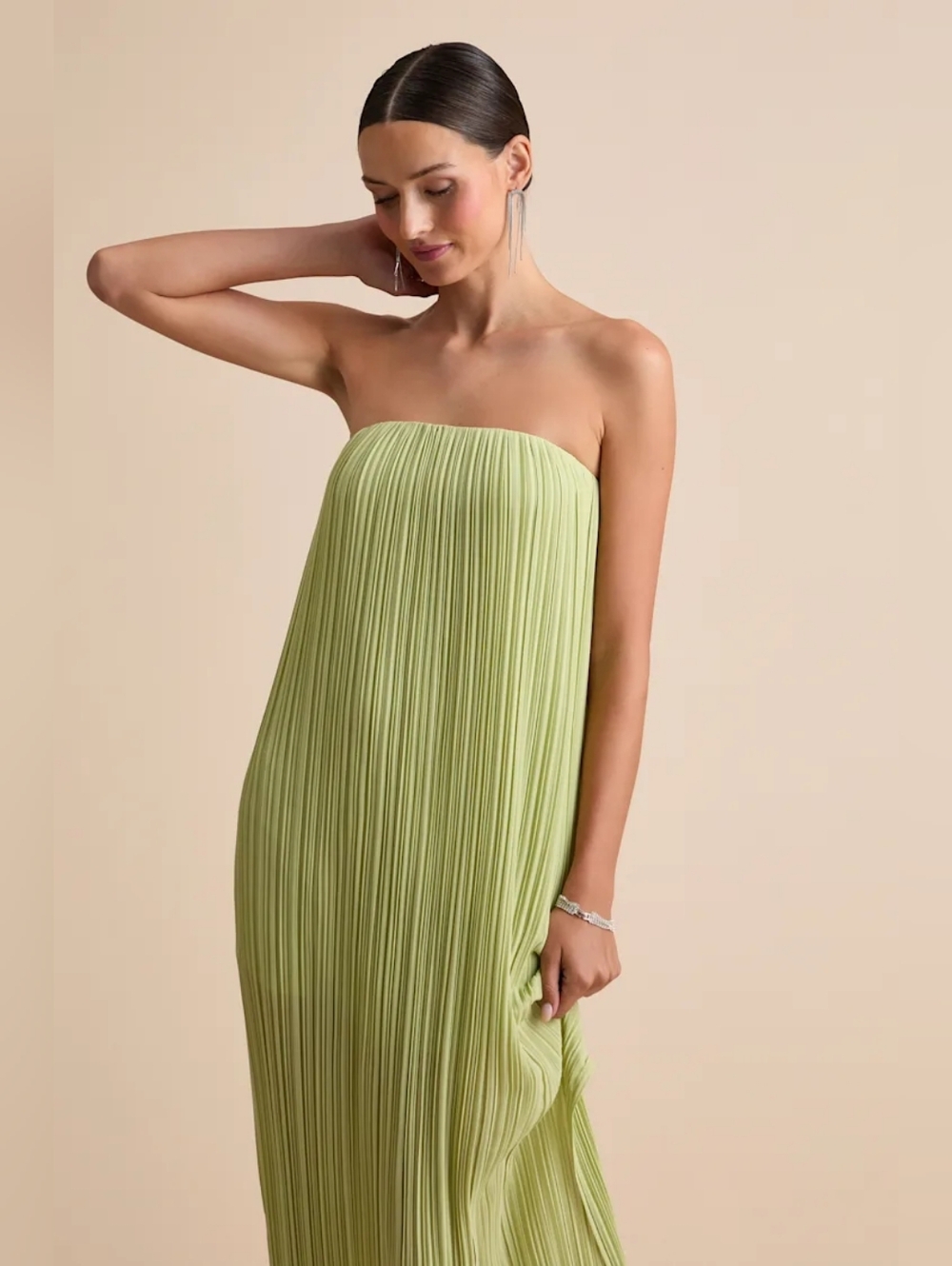 Lulus Yamuna Light Green Pleated Strapless Maxi Dress XS Wedding Party Formal - Picture 5 of 10